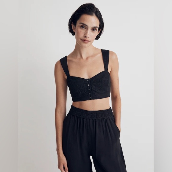 NWT Madewell Black Button-Front Crop Top 100% Linen Sweetheart Bralette - 6 - Picture 4 of 9
